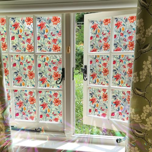 Flortlias Rainbow Suncatcher Floral Window Film, Privacy Iridescent Static Cling Double-Sided Decals for Window Door Glass Decor, Watercolor Flowers and Fruits, 39.37 x 16.93