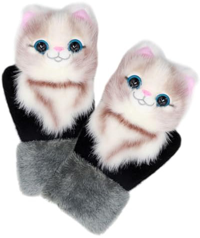 SHERCHPRY Winterhandschuhe Mit Flauschigem Plüsch Verschleißfest Bequem Und Warm Handgestrickt Elastisches Bündchen Für Outdoor Ski Reisen Damen Und Niedliches Katzenmotiv