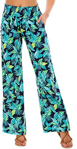 EXCHIC Dam Boho raka ben, elastisk midja, palazzobyxor, fritid, lätta yoga, loungebyxor med fickor, Serie 2#4, M