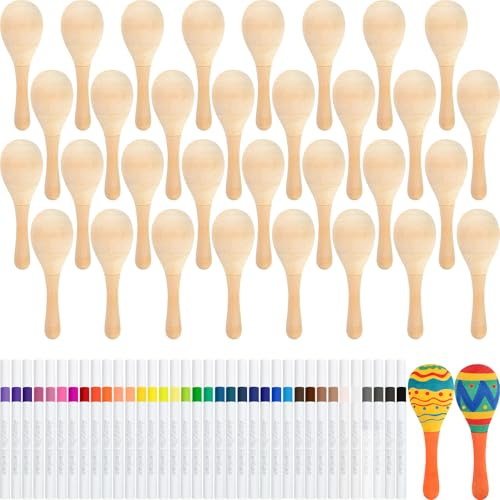 NEBURORA 36Pcs DIY Mini Unfinished Wooden Maracas with 36Pcs Multicolor Pens Fiesta Mexican Maracas Favors Cinco De Mayo Party Supplies Decorations