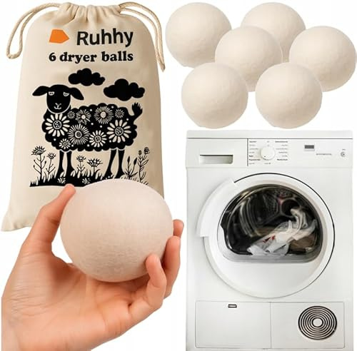 Ruhhy 6x Wolltrocknerbälle – 100% Naturwolle, Weichspüler-Ersatz – Energiesparend, Reduziert Falten & Elektrostatische Aufladung – Wiederverwendbar bis 1000 Trocknungen 25704