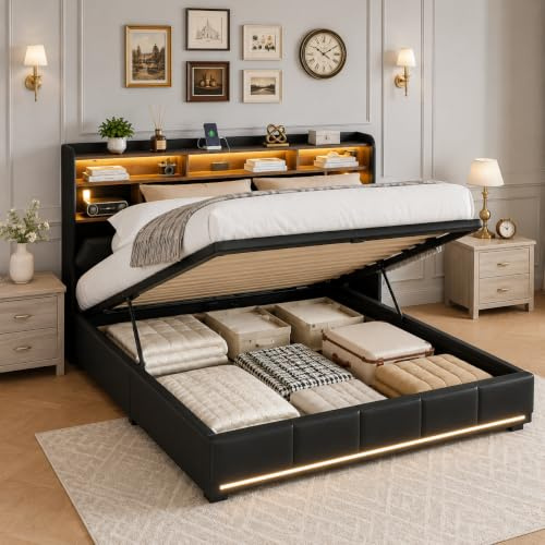 PerGar Polsterbett 160x200 mit USB-LED-Kopfteil, Doppelbett mit Bettkasten, Jugendbett Hydraulisch Bett mit Stauraum, Stauraumbett Bettgestell mit Lattenrost, PU, Ohne Matratze, Schwarz