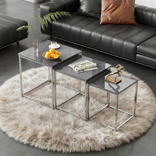 Ansley&HosHo Nest of Tables Set of 3, High Gloss Nesting Tables, Nest of 3 Nested Side Table with Chrome Frame for Living Room Reception, Stacking Coffee Table Set (Fleckig Grau)