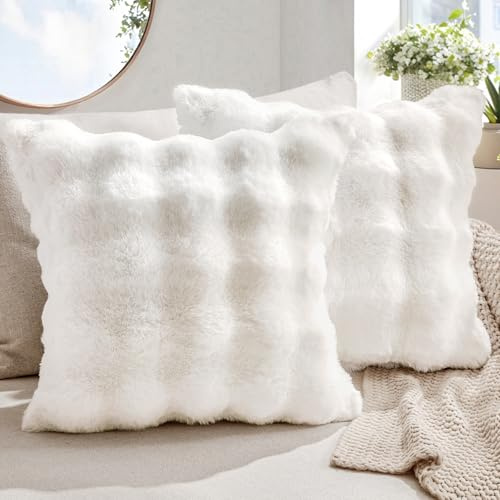 MIULEE Plüsch Kissenbezug 40x40 cm Kissenbezüge Flauschig Kissen Sofakissen Fell Beide Seiten Kurze Wolle Dekokissen Luxus Square Kissenhülle für Sofa für Schlafzimmer Waschbar Deko Weiß 2er Set