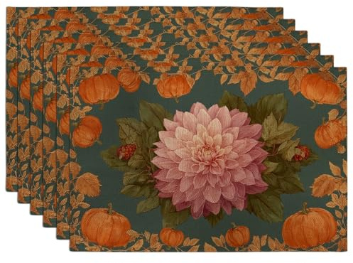 Lot de 6 sets de table motif floral dahlia d'automne - Pêche et orange - Pour table à manger - Antidérapants - Lavables - Pour intérieur et extérieur