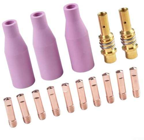 15-teiliges Schweißbrenner-Ersatz-Set für 15AK für MIG-Fackel mit Kupfer-Kontaktspitzen und Steingut-Düsen, geeignet für MIG- und MAG-Schweißanwendungen (0,8 mm)