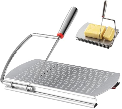 OBEST Trancheuse à fromage en acier inoxydable, coupe-fromage avec fil, coupe-fromage avec grille graduée, trancheuse à fromage, coupe-beurre, convient pour fromage en bloc, beurre, saucisses, pain