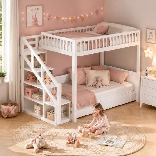 Kinderbett Etagenbett 90x200cm, Kinderbett Hochbett 90x200 mit Treppe & Aufbewahrungsschrank, stockbett für 2 Kinder doppelstockbett 90x200 Jugendhochbett mit Gitter und Rausfallschutz, Massivholz