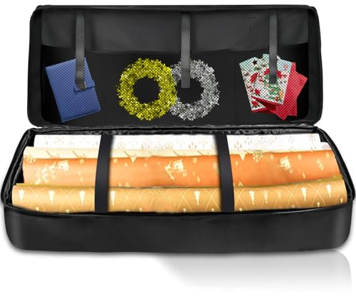 Geschenkpapier Aufbewahrung, 82x34x13 cm Organizer Geschenkpapier mit 3 Fächern, 600d Oxford Aufbewahrungstasche für Reißfest geschenkpapierrollen Organizer Weihnachtsaufbewahrung