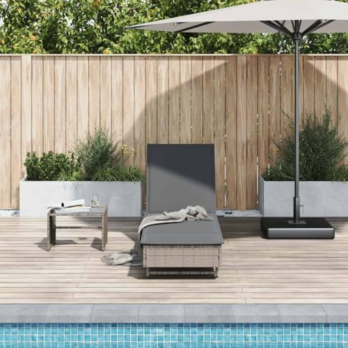 Lettino Prendisole con Ruote, in Polyrattan Grigio, Schienale Regolabile 3 Posizioni, Cuscino Rimovibile, Sdraio da Giardino, Lettino da Spiaggia, per Piscina e Balcone, Colore Grigio, 200 x 55 cm