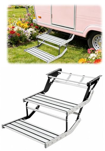 HUOMMGS Wohnmobil Trittstufe Faltbar Doppeltrittstufe Aluminiumlegierung Wohnmobil Stufen rutschfest Wohnwagen Trittstufe Bis 200KG Wohnwagen Treppe Upgrade RV Schritt Campingtrittstufe für LKW