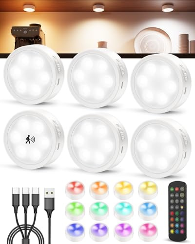 Tedmos 2400mAh LED Spot Akku mit Bewegungsmelder, Rund Vitrinenbeleuchtung | USB Aufladbar, Fernbedienung, Dimmbar, Timer, Unterbauleuchte Zum Kleben, Magnetisch Nachtlicht für Schrank, Treppen, Regal