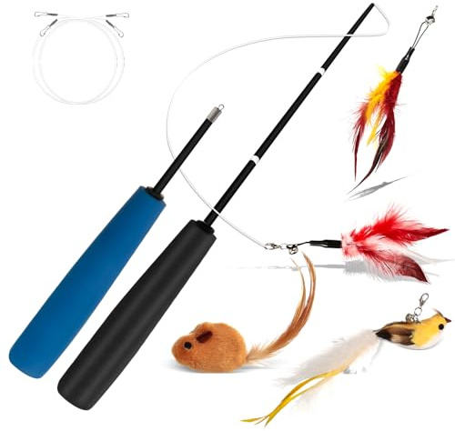 VINATO Canna da Pesca per Gatti con Asta Telescopica, Giocattolo Interattivo con 4 Testine (Uccellino con Campanello, Topo, Piume), Giochi per Gatti da Interno per Stimolare l'Istinto di Caccia
