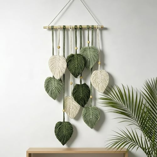 Tarqite Makramee Wandbehang Boho Wanddeko, 90 x 20 cm Makramee Wandteppich Boho, Grün-Weiß Baumwolle Tapisserie mit Holzperlen und Blätter für Outdoor, Wohnzimmer, Schlafzimmer, Flur, Balkon, Büro