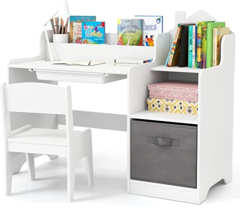 COSTWAY Bureau Enfant Garçon Fille avec Chaise & 2 Compartiments, Table Enfant avec Tiroir & Bac de Rangement en Tissu, Étagères Ouvertes, Table à Dessin pour 3 Ans+, Charge 20/50kg (Blanc)