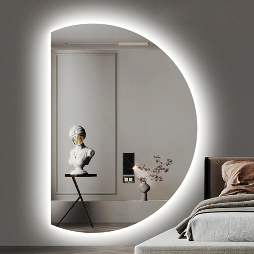 Aenmezen Moderno Specchio da Bagno Retroilluminato a Mezzaluna, Specchio Cosmetico da Parete Senza Cornice, Anti-nebbia Antideflagrante, 3 Colori Dimmerabile(Left cut,90 * 60cm)