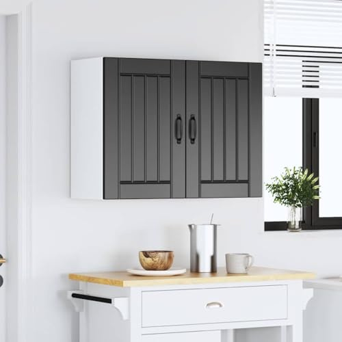 GeenYuu Küchen-Hängeschrank Lucca Schwarz Holzwerkstoff mit Glasfront 80x31x60 cm Stauraumschrank für Küche und Haushalt, langlebig, pflegeleicht, platzsparend, ideal als Aufbewahrungsschrank