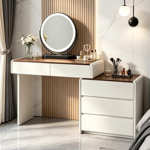 Generisch Luxuriös Schminktisch, Dressing Table mit Spiegel, Vanity Desk mit 5 Schubladen, Ecke Vanity, L-Form ändern, Eckschminktisch mit PU PU-Kunstleder Frisierkommode,Blanc + Noyer
