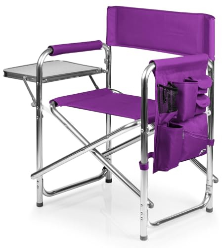 PICNIC TIME Sports Chair with Side Table and Armrest Caddy, Lightweight Aluminum Folding Outdoor Camping Chair for Adults, Portable Director Style Lawn Seating with Pockets & Carry Strap, (Purple)