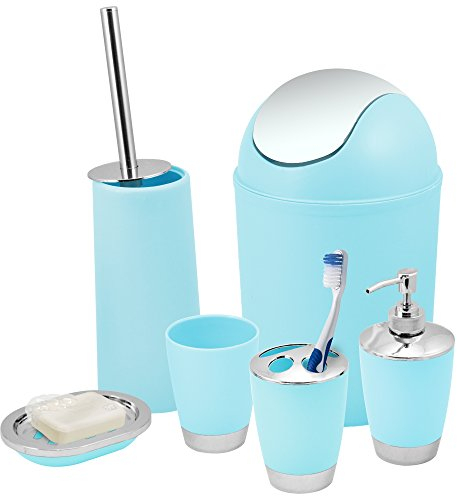 Kabalo Blue 6 Piece Bathroom Shower Accessory Set Bath Accessories - Bin, Soap Dispenser & Dish, Toilet Brush, Toothbrush Holder, Tumbler Cup