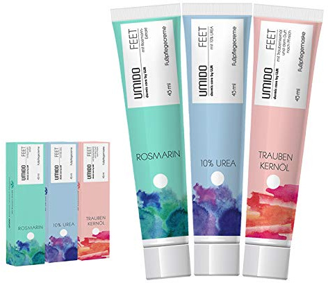 UMIDO 3 Stück Set Fuß-Creme Set 45 ml | 1x Rosmarin | 1x mit 10% UREA | 1x Traubenkernöl | Fußbalsam | Fußlotion | Pflegecreme | Fußpflegecreme | Creme