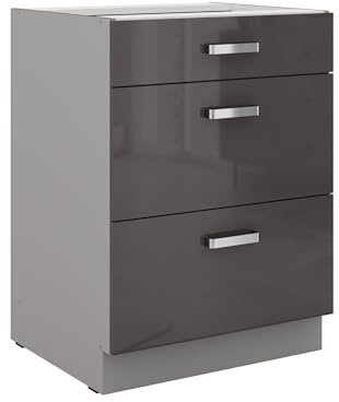 Kuechen-preisbombe Küchen Unterschrank 60 cm Grau Hochglanz Vollauszug Soft-Close Küche Grey Bianca
