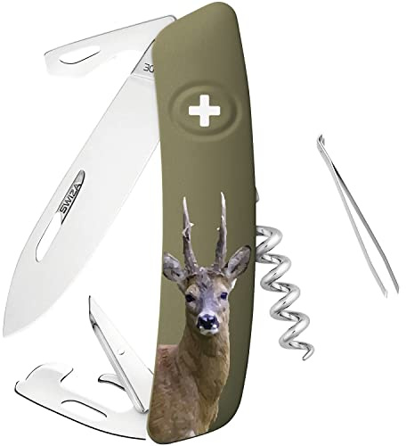 SWIZA Schweizer Messer, Stahl 440, Sicherheitsarretierung, 12 Funktionen, olivfarbene Anti-Rutsch-Schalen, Rehbockmotiv, Mehrfarbig