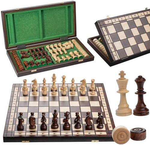 Master of Chess Turneringsschackbräde i Trä 50 cm och Damspel med Metall Schackpjäser 2 i 1 - Handgjort Reseschackspel som är Vikbart - Stort Schackspel för Barn och Vuxna - Staunton NO.5