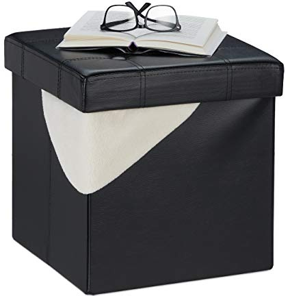Relaxdays Sitzhocker mit Stauraum, faltbar, gepolstert, Kunstleder, schwarz | 40 l, Sitzwürfel HxBxT 38 x 37 x 37 cm