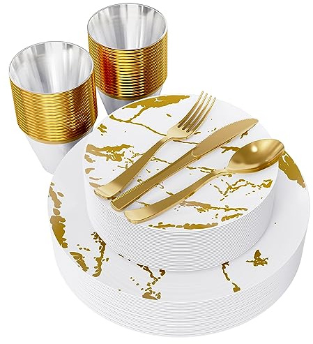 JOLLY PARTY 180PCS Disposable Dinnerware Set 30 Guest, 60 White and Gold Plastic Plates, 30 Plastic Silverware, 30 Cups, Marble Design Disposable Dinnerware for Wedding, Thanksgiving and Parties