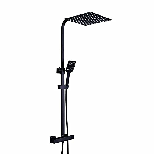 Système Thermostatique avec Colonne de Douche Carrée - 38 °C - Douchette de Tête 12 - Kit à Effet Pluie avec Douchette Multifonction sans Robinet