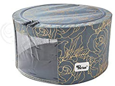 Periea 'Abby' Round Home Storage Boxes with Zip Lids, Front Window & Folding Steel Frame (Metallic Floral, Small)
