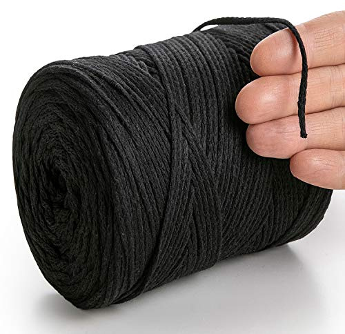 MeriWoolArt® Makramee Garn 2 mm x 250 m Baumwollkordel, recyceltes weiches Baumwollgarn für das Stricken von Pflanzenhängern, Schmuckherstellung, Häkeltaschen (Schwarz, 2mm)