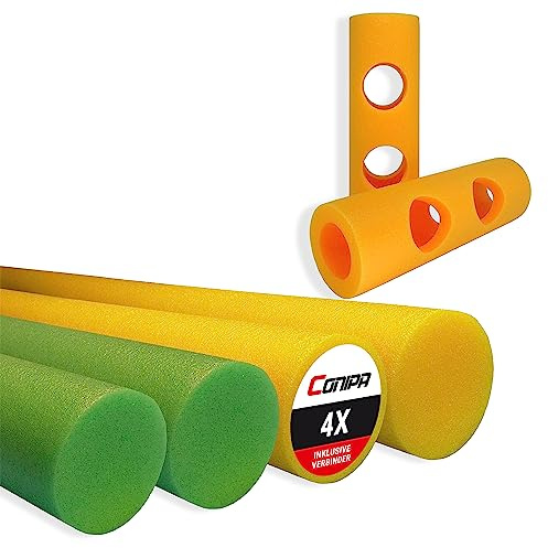 Conipa® - 4 Stück Schwimmnudel (160 x 7 cm) für Kinder & Erwachsene INKL. Loch-VERBINDER (Schaumstoff) - Poolnudel Set ab 3-10 Jahre (Made IN Europe) - Pool Wassernudel & Spielzeug