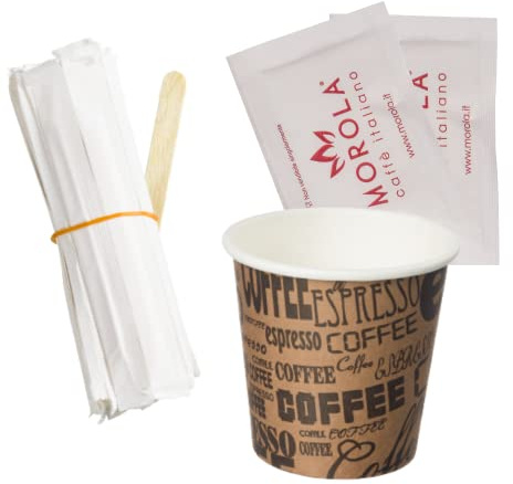 Morola Caffè Italiano - Kit café Morola de 450 pièces en papier - 150 verres de 75 ml en papier - 150 sachets de sucre blanc - 150 palettes en bois