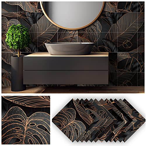 Fliesenaufkleber Schwarze Tropische Blätter Klebefliesen Pvc Deko Mosaikfliesen Wasserdicht Und Ölbeständig Küchenrückwand Folie Fliesenaufkleber Bad Klebefolie Leicht Zu Reinigen 36 Stück/20x20cm