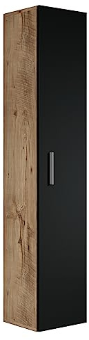Badplaats Badezimmerschrank Pluto 30 x 30 x 150 cm Kastanien Eiche mitt Schwarz Matt - Hoch Badschrank mit 1 Tür
