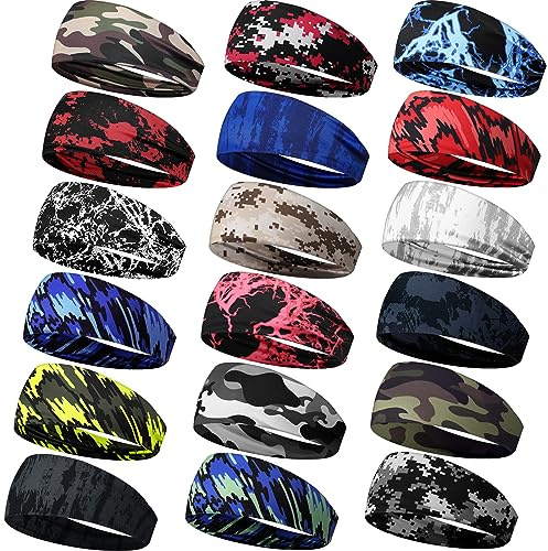 Wavyknot 18 Pcs Sports Sweatbands for Men Women Camo Headbands Workout Non Slip Headbands Breathable Head Band Fitness Stretchy Unisex Hairband for Yoga Running Cycling Ball (Vibrant Colors, Stylish)