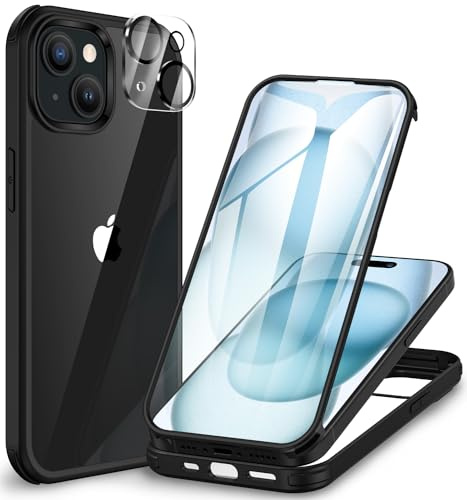CENHUFO für iPhone 15 Hülle, Kompatibel mit MagSafe Eingebautem Panzerglas Displayschutz und Kamera Schutzfolie 360 Grad Schutzhülle Stoßfest Cover Case Magnetisch Handyhülle iPhone 15 - Schwarz