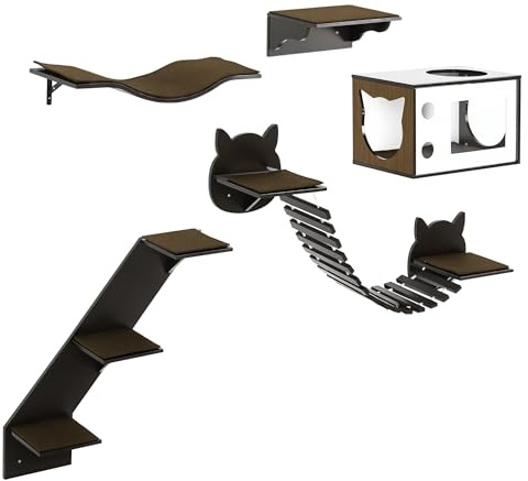 PawHut 5 Piece Cat Wall Shelves, Wall-Mounted Cat Tree for Indoor Use, with Curved Platform, Cat House, Bridge, Stairs, Perch - Brown