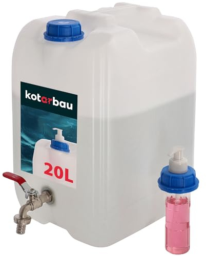 KOTARBAU® Bidón de agua con grifo, depósito de agua de 20 l con dispensador de jabón, color blanco, depósito de agua con dispensador, bidón de agua potable, bidón de plástico, depósito de agua,