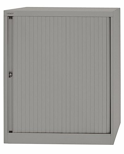 BISLEY Rollladenschrank abschließbar in Silber Schrank aus Metall Rolladen aus Kunststoff inkl. 2 Einlegeböden