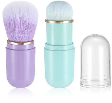 Yuanchu 2 Pennelli Retrattili Kabuki da Viaggio per Fard, Cipria, Fondotinta Liquida, Polvere Pressata (Verde + Viola)
