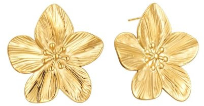 Kabwea Grandes Boucles d'Oreilles en Forme de Fleurs 18 Carats en Or - Dorées pour Femme - Style Goutte
