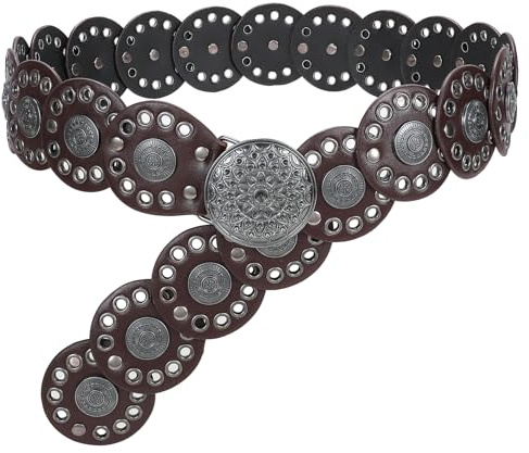 JasGood Breite Scheibengürtel für Damen Leder Aushöhlen Runde Gürtel Western Cowgirl Gürtel Damen Concho Vintage Boho Disc Ledergürtel Verstellbare Taillengürtel für Kleider