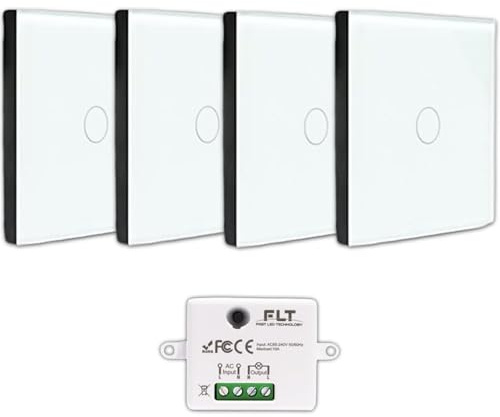 Kit de Interruptor Conmutador Inalámbrico – 4 Mandos a Distancia de Pared + 1 Mini Receptor Empotrado – Va y Viene sin Trabajo – Mando a Distancia – Interruptores de Radio RF 433 Mhz