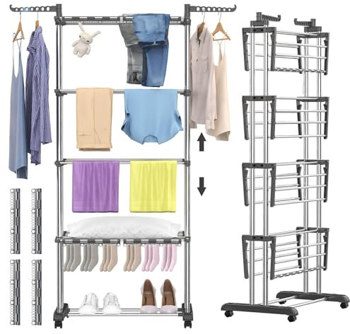 johgee 5 Ebenen Turm Wäscheständer, Höhenverstellbar klappbarer Waschestander mit 8 Klappbare Flügel und 4 Sockenklammern, Wäschetrockner mit Rollen, Edelstahl Standtrockner Wäscheturm für Innen&Außen