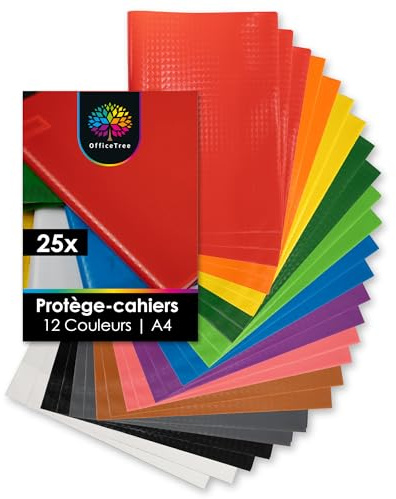 OfficeTree 25x Heftumschläge A4 Bunt - 12 Farben - Bastoptik - Hefthüllen A4 Bunt inkl. 25 Etiketten - Schutz Umschläge Heft für Schule & Büro - Hefteinband wasserabweisend - Heft Umschlag
