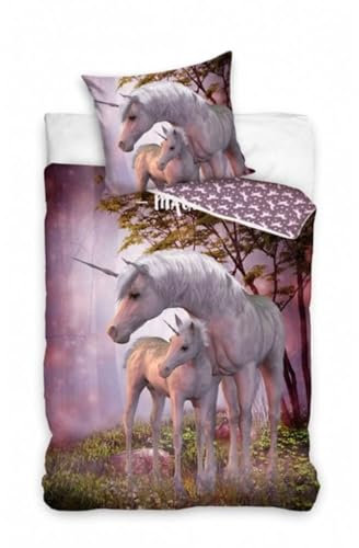 Carbotex Einhorn Wende-Bettwäsche-Set 135x200 80x80 Baumwolle Bettzeug Unicorn Zauberwald