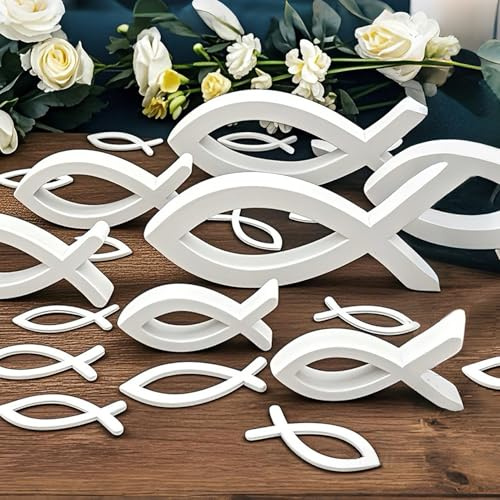 48 Stück Elegantes Holzfischdeko Set – 9 Große Fische + 48 Streudeko Fische, Perfekt für Taufe, Kommunion & Konfirmation (Mädchen & Junge)
